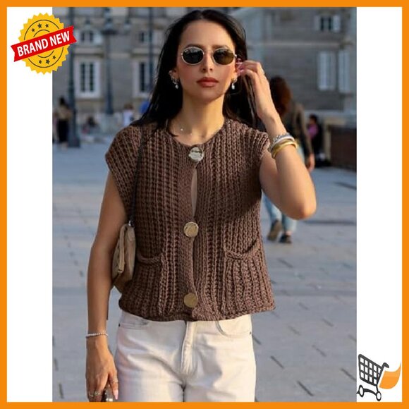 Sleeveless Sweater Vest Cropped Cable Knit Button Front Loose Fit - Picture 5 of 8